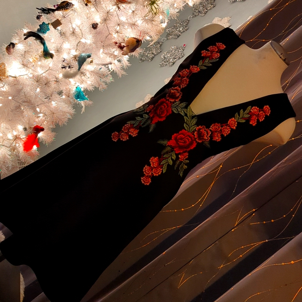 Black Deep V rose embellished dress
